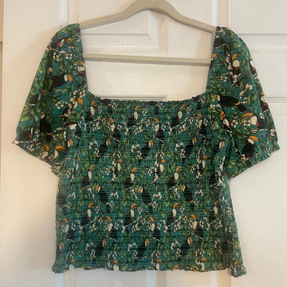 Dolan x Anthropologie Green Left Coast Smocked Puff Sleeved Top Tropical Bird XL - Picture 2 of 13